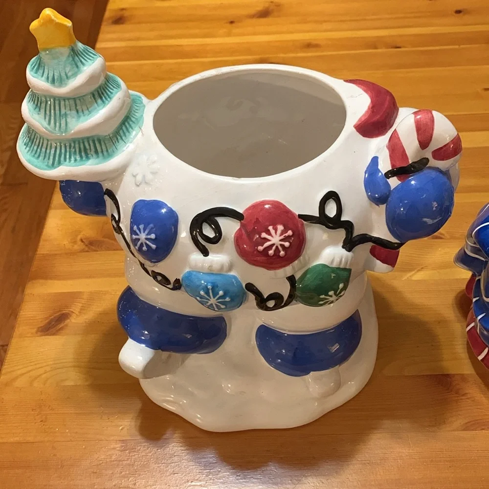 Vintage Houston Harvest, Snowman cookie jar, Blue Willow, EUC